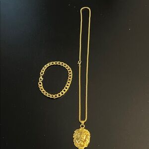 Gold Lion Pendant Necklace and Bracelet Set